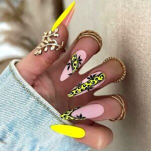 24 Stiletto Fake Nails Press On Kit Leopard Leaves Matte Sexy Glam Yellow Black